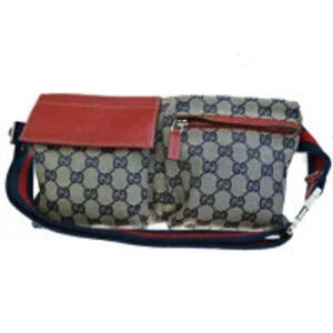 Gucci Sherry Waist Pouch Clutch Bag GG Navy Blue Red Canvas Leather